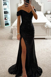 Elegante vestido de noche con lentejuelas lisas, abertura alta y hombros descubiertos (5 colores)